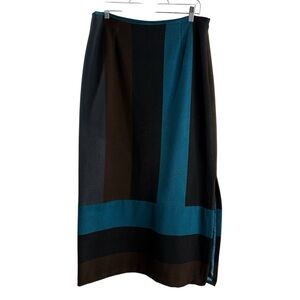 LYRIQUE SIZE 12 BROWN/TEAL COLORBLOCK MIDI POLYESTER BLEND SKIRT VINTAGE NWT 90S